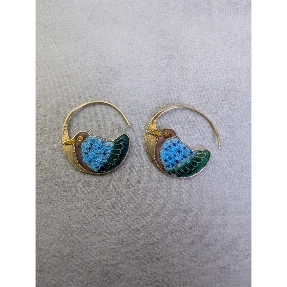 1970s Laurel Burch Gold Peacock Over Silver Earrings Gold Tone Enamel Cloisonné